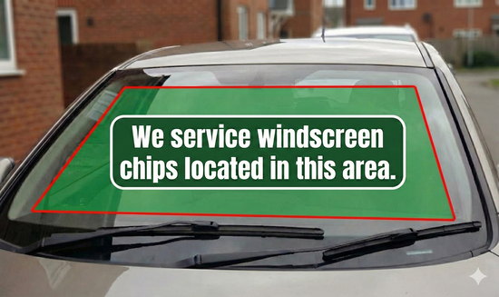 Windscreen showing the green wiper-reachable area where we can repair chips